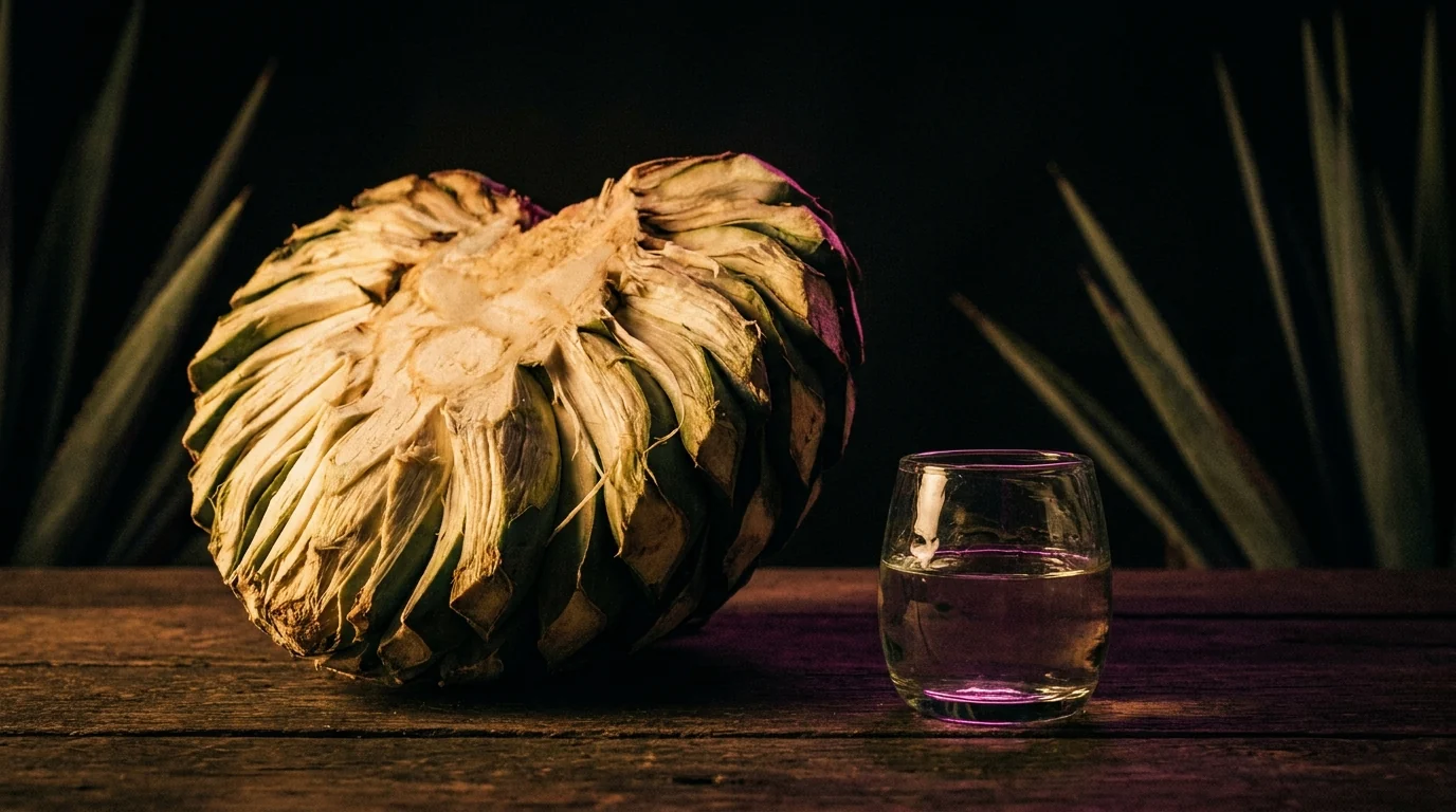 Piña de agave y un vaso de mezcal artesanal sobre madera oscura