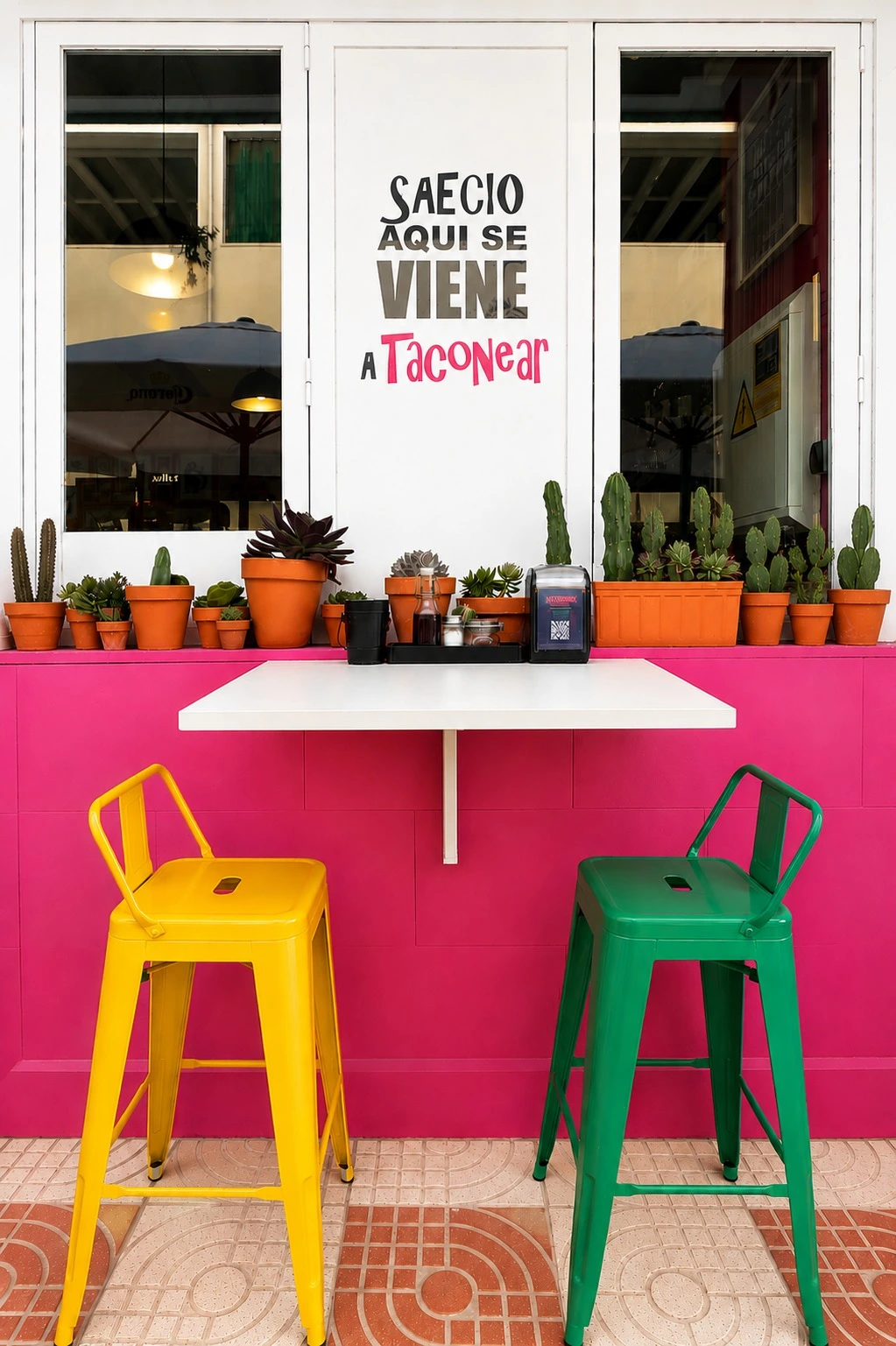 Frase 'Aquí se viene a taconear' en la entrada de Alebrijes Tapería Mexicana