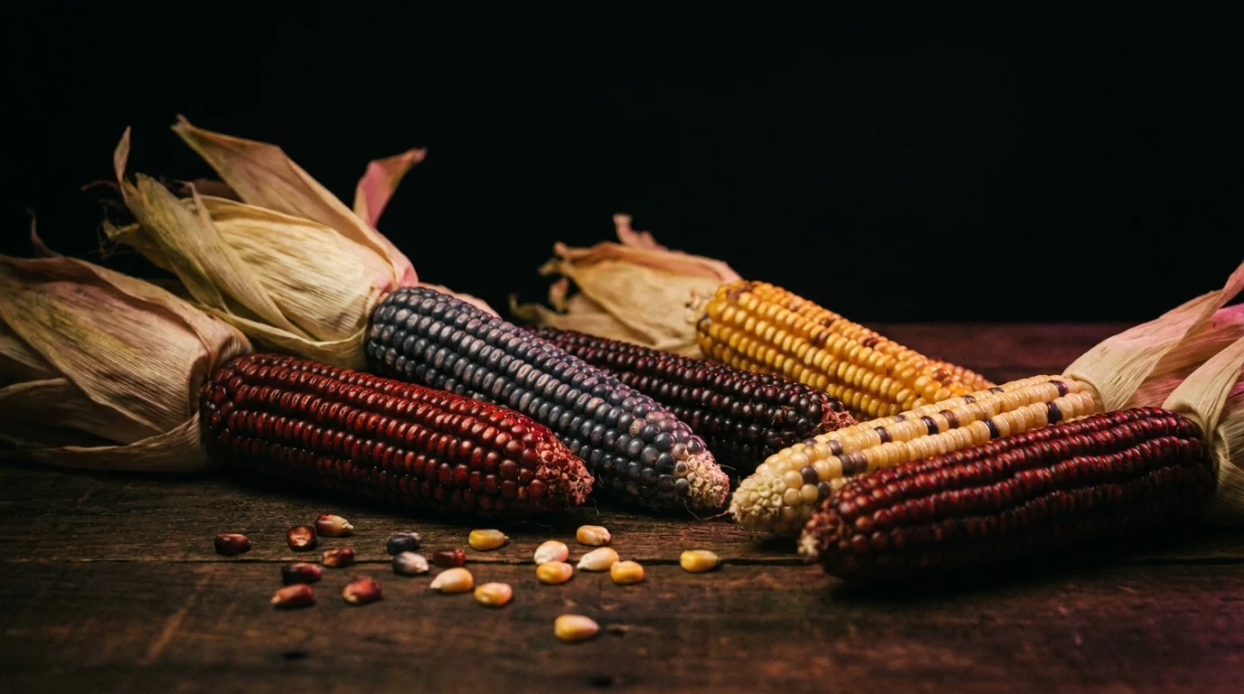 Mazorcas de maíz criollo mexicano de colores sobre madera oscura