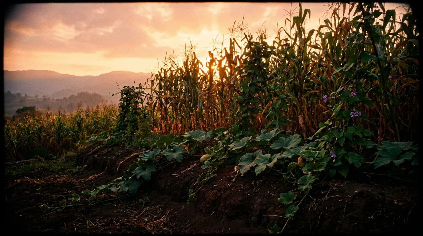 Campo de milpa al atardecer con maíz, frijol y calabaza creciendo juntos