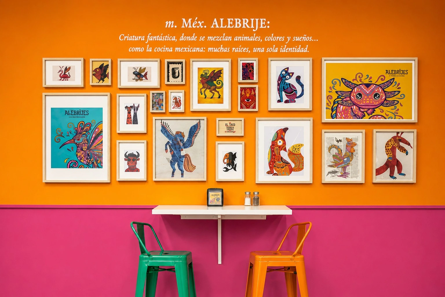 Pared con cuadros de alebrijes y la definición del alebrije en Alebrijes Tapería Mexicana