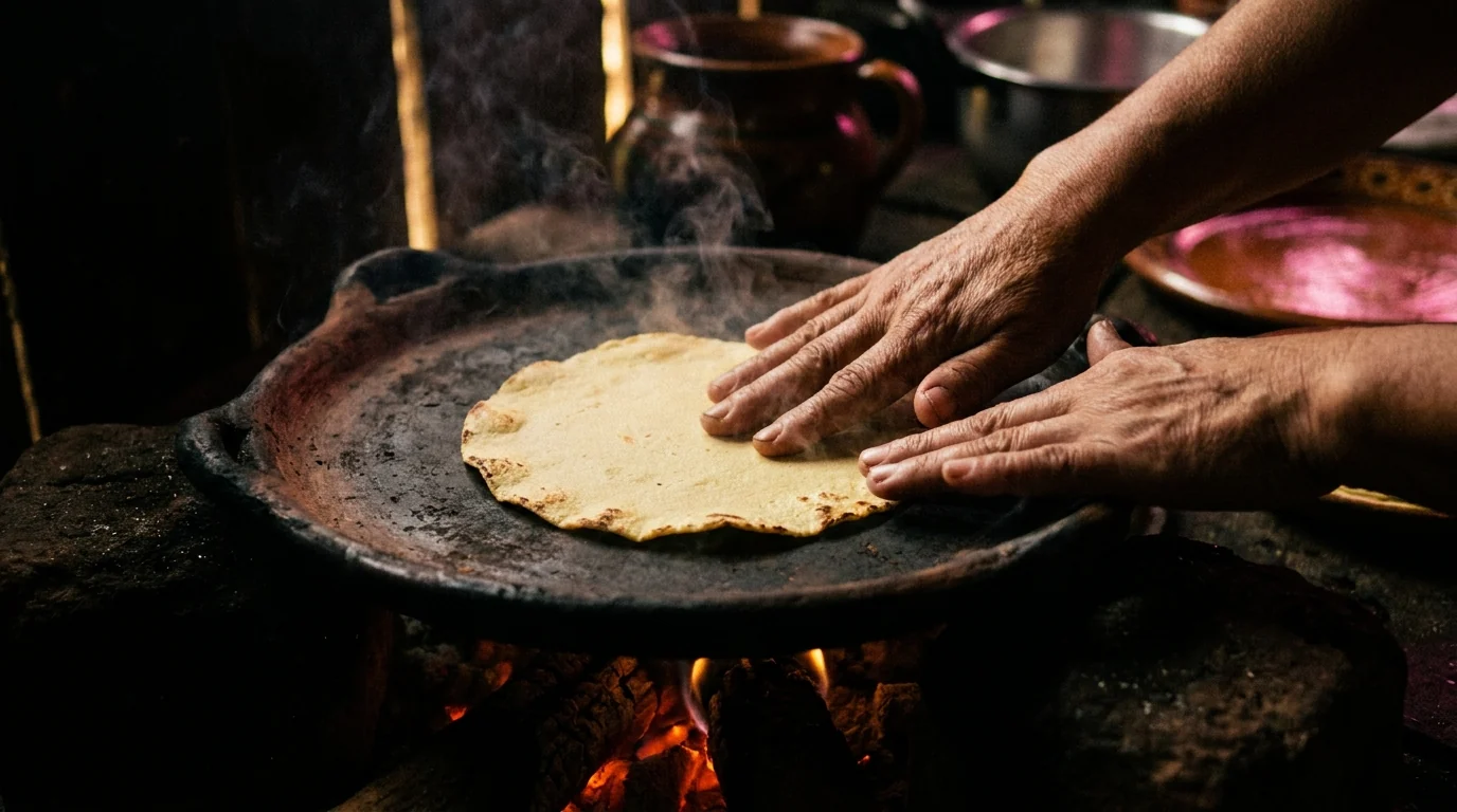 Manos torteando masa de maíz sobre un comal de barro al fuego